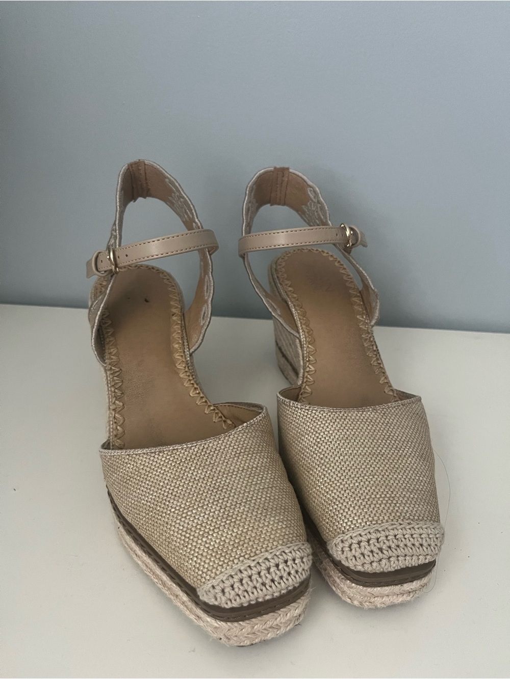 Crown Vintage Beige Espadrille Wedge Sandals with Ankle Strap and Woven Front